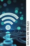 A translucent 3D Wi-Fi icon with ripple effects, symbolizing connectivity, set on an abstract digital background with futuristic hi tech neon light. Стоковое AI-видео, аниматор Sergey Grishin / Фотобанк Лори