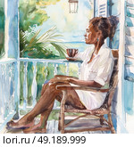 A painting depicting a woman seated on a porch, looking outwards with a contemplative expression. Стоковое AI-изображение, AI-художник Данила Большаков / Фотобанк Лори