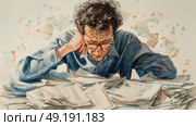 A painting depicting a man in a business attire sitting at a table cluttered with papers and documents. Стоковое AI-изображение, AI-художник Данила Большаков / Фотобанк Лори