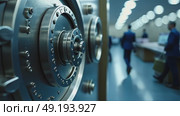 A close-up of a bank vault armored door. The background shows blurred figures of empty space. Professional security service, prevention of robbery and unauthorized access. Стоковое AI-видео, аниматор Sergey Grishin / Фотобанк Лори