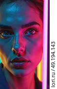 A close-up of a woman with vibrant, colorful makeup and color hair, her intense gaze directed at the camera, bright pink, magenta, yellow, blue, red laser neon lights flashes in the background. Стоковое AI-видео, аниматор Sergey Grishin / Фотобанк Лори