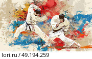 Two martial artists are engaged in a high-energy sparring match, showcasing their skills and agility against a vibrant, abstract background full of red, blue, and yellow splashes. Стоковое AI-изображение, AI-художник Данила Большаков / Фотобанк Лори