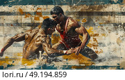 A painting depicting two men engaged in a wrestling match in the water, showing intense physical struggle and athleticism. Стоковое AI-изображение, AI-художник Данила Большаков / Фотобанк Лори