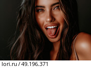 Charming woman is playfully sticking out her tongue, making a funny face. Стоковое AI-изображение, AI-художник Данила Большаков / Фотобанк Лори