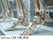 Detailed view of robotic foot mechanics in a science exhibition showcasing the future of robotics and engineering. Стоковое AI-изображение, AI-художник Климов Денис / Фотобанк Лори