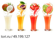 Set of fruit juice splash in a glass. Coconut, plum, strawberry and guava. Vector. Стоковая иллюстрация, агентство Ingram Publishing / Фотобанк Лори