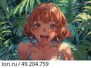A woman wearing a bikini is comically contorting her face, expressing amusement or silliness. Стоковое AI-изображение, AI-художник Данила Большаков / Фотобанк Лори