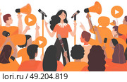 A group of people holding up megaphones in a crowded setting. Стоковое AI-изображение, AI-художник Данила Большаков / Фотобанк Лори