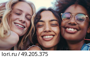 Several women standing together, all with their eyes closed in unison. Стоковое AI-изображение, AI-художник Данила Большаков / Фотобанк Лори