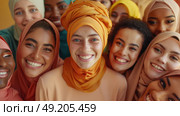 Multiple women wearing headscarves posing for a picture in a group setting. Стоковое AI-изображение, AI-художник Данила Большаков / Фотобанк Лори