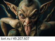 Menacing creature with large horns and eerie eyes stares at the viewer, exuding a dark and otherworldly presence. Стоковое AI-изображение, AI-художник Данила Большаков / Фотобанк Лори
