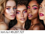 A diverse group of women showcasing different makeup styles, ranging from bold and dramatic to subtle and natural, highlighting individuality and creativity. Стоковое AI-изображение, AI-художник Данила Большаков / Фотобанк Лори