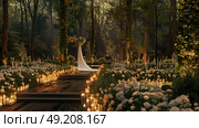 A wedding ceremony taking place under a canopy of trees in a forest, with guests seated on wooden benches and the bride and groom exchanging vows. Стоковое AI-изображение, AI-художник Данила Большаков / Фотобанк Лори