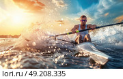 A man is using oars to propel a boat through the water. Стоковое AI-изображение, AI-художник Данила Большаков / Фотобанк Лори