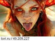 Fantastical character with vivid red hair and striking makeup extends their tongue playfully, showing whimsical expression while outdoors in bright daylight. Стоковое AI-изображение, AI-художник Данила Большаков / Фотобанк Лори