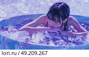 A painting depicting a girl sitting in a tub filled with ice cubes, her expression reflecting the sensation of the cold. Стоковое AI-изображение, AI-художник Данила Большаков / Фотобанк Лори