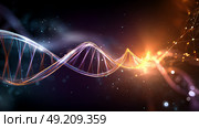 Blue DNA double helix with water molecule blue background. Human genetic research DNA, laboratory environment. Abstract image of human genetics, which glowing DNA strands merge with digital elements. Стоковое AI-изображение, AI-художник ALLA YURTAYEVA / Фотобанк Лори