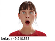 A woman looking surprised, with widened eyes and raised eyebrows. Стоковое AI-изображение, AI-художник Данила Большаков / Фотобанк Лори