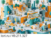 A colorful miniature cityscape with multilevel buildings, tiny figures engaging in various activities, green trees, and a bright, sunlit ambiance. The scene is lively and detailed, depicting daily life. Стоковое AI-изображение, AI-художник Данила Большаков / Фотобанк Лори