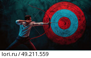 A man stands holding a bow, aiming carefully at a target in the distance. His focus is intense as he prepares to release the arrow. Стоковое AI-изображение, AI-художник Данила Большаков / Фотобанк Лори