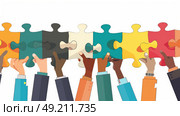 A diverse group of individuals standing together, each holding up a puzzle piece, displaying teamwork and collaboration. Стоковое AI-изображение, AI-художник Данила Большаков / Фотобанк Лори