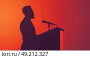 A silhouetted person delivering a speech at a podium, with a focused and determined stance. Стоковое AI-изображение, AI-художник Данила Большаков / Фотобанк Лори