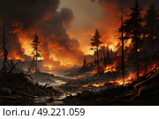 A painting depicting a raging fire engulfing a forest, with flames licking at the trees and smoke billowing into the sky. Стоковое AI-изображение, AI-художник Данила Большаков / Фотобанк Лори