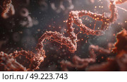 Detailed strands of DNA twirling with a backdrop of floating microscopic particles. Стоковое AI-изображение, AI-художник Данила Большаков / Фотобанк Лори
