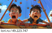 Two children, boys, standing at a rail, overlooking a bustling carnival scene, with rides, games, and crowds below them. Стоковое AI-изображение, AI-художник Данила Большаков / Фотобанк Лори