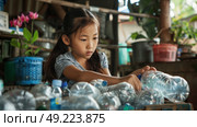A young girl is seated at a table piled with numerous water bottles. Стоковое AI-изображение, AI-художник Данила Большаков / Фотобанк Лори