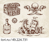 Set of vector hand drawn pirates design elements. Vintage style. Стоковая иллюстрация, агентство Ingram Publishing / Фотобанк Лори