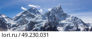Mt Everest and Nuptse. Blue sky. Panoramic view. Himalayan mountains, Nepal. (2017 год). Стоковое фото, фотограф Максим Забаровский / Фотобанк Лори