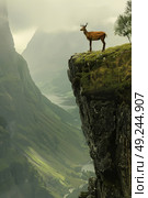 A deer stands on the edge of a cliff, looking out at the landscape below. The deer appears alert and cautious as it navigates the rugged terrain. Стоковое AI-изображение, AI-художник Данила Большаков / Фотобанк Лори