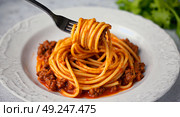 Pasta on a white plate wrapped on a fork in meat tomato sauce. Spaghetti lies on a white plate, screwed onto a fork in a meat sauce. Стоковое AI-изображение, AI-художник Антон Слабоспицкий / Фотобанк Лори