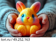 Симпатичный кролик, разноцветная игрушка в ладонях. Стоковое AI-изображение, AI-художник Щеголева Ольга / Фотобанк Лори