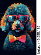 A poodle is wearing stylish sunglasses and a dapper bow tie in this playful and trendy image. Стоковое AI-изображение, AI-художник Данила Большаков / Фотобанк Лори