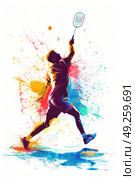 A badminton player in motion, running swiftly while holding a racket, demonstrating speed and agility in a sports game. Стоковое AI-изображение, AI-художник Данила Большаков / Фотобанк Лори