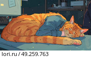 An orange tabby cat peacefully sleeps on a desk in a cozy room filled with warm lighting. The cat has its head resting on a sweater, showcasing a serene and snug ambiance. Стоковое AI-изображение, AI-художник Данила Большаков / Фотобанк Лори