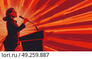 Illustration of a woman speaking confidently into a microphone. Стоковое AI-изображение, AI-художник Данила Большаков / Фотобанк Лори