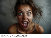 Charming woman with her mouth wide open, making a comical expression. Стоковое AI-изображение, AI-художник Данила Большаков / Фотобанк Лори