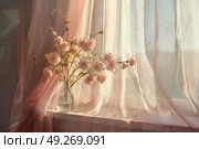 Soft Pastel Blossoms in Glass Vase with Gentle Light for Vintage 90s Calm Decor. Стоковое AI-изображение, AI-художник Александра Конопля / Фотобанк Лори