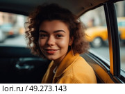 A young woman with curly hair sitting in the backseat of a taxi, looking out the window. Стоковое AI-изображение, AI-художник Данила Большаков / Фотобанк Лори