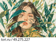A painting depicting a woman concealing herself behind a cluster of leaves. She peeks out cautiously, blending into the foliage. Стоковое AI-изображение, AI-художник Данила Большаков / Фотобанк Лори