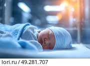 A baby is sleeping in a blue blanket with a blue hat on. Стоковое AI-изображение, AI-художник Ярославский Максим / Фотобанк Лори