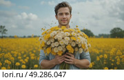 Young Man Holding a Large Bouquet in a Vibrant Yellow Flower Field on a Sunny Day. Стоковое AI-видео, аниматор Оксана Медведева / Фотобанк Лори