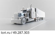 ThreeDimensional Wireframe Rendering of a SemiTruck with Trailer Displayed Against a Solid Black Background. Стоковое AI-изображение, AI-художник Anastasy Yarmolovich / Фотобанк Лори