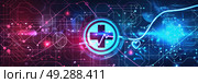 A medical symbol is prominently displayed on a futuristic background, symbolizing advancements in healthcare technology. Стоковое AI-изображение, AI-художник Данила Большаков / Фотобанк Лори