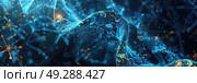 A conceptual render of DNA as a glowing blue helix intertwined with digital elements, symbolizing genetic research. Стоковое AI-изображение, AI-художник Данила Большаков / Фотобанк Лори