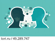 Two individuals stand facing each other, emitting bubbles from their mouths. The bubbles float between them in the air, creating a whimsical and light-hearted scene. Стоковое AI-изображение, AI-художник Данила Большаков / Фотобанк Лори