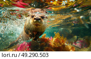 A sea lion gracefully swimming in the water, moving its flippers to propel itself forward. Стоковое AI-изображение, AI-художник Данила Большаков / Фотобанк Лори